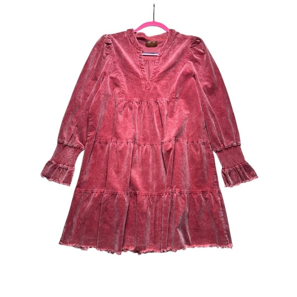 Umgee Womens Pink Corduroy Tiered Babydoll‎ Mini Dress Smocked Cuff Large